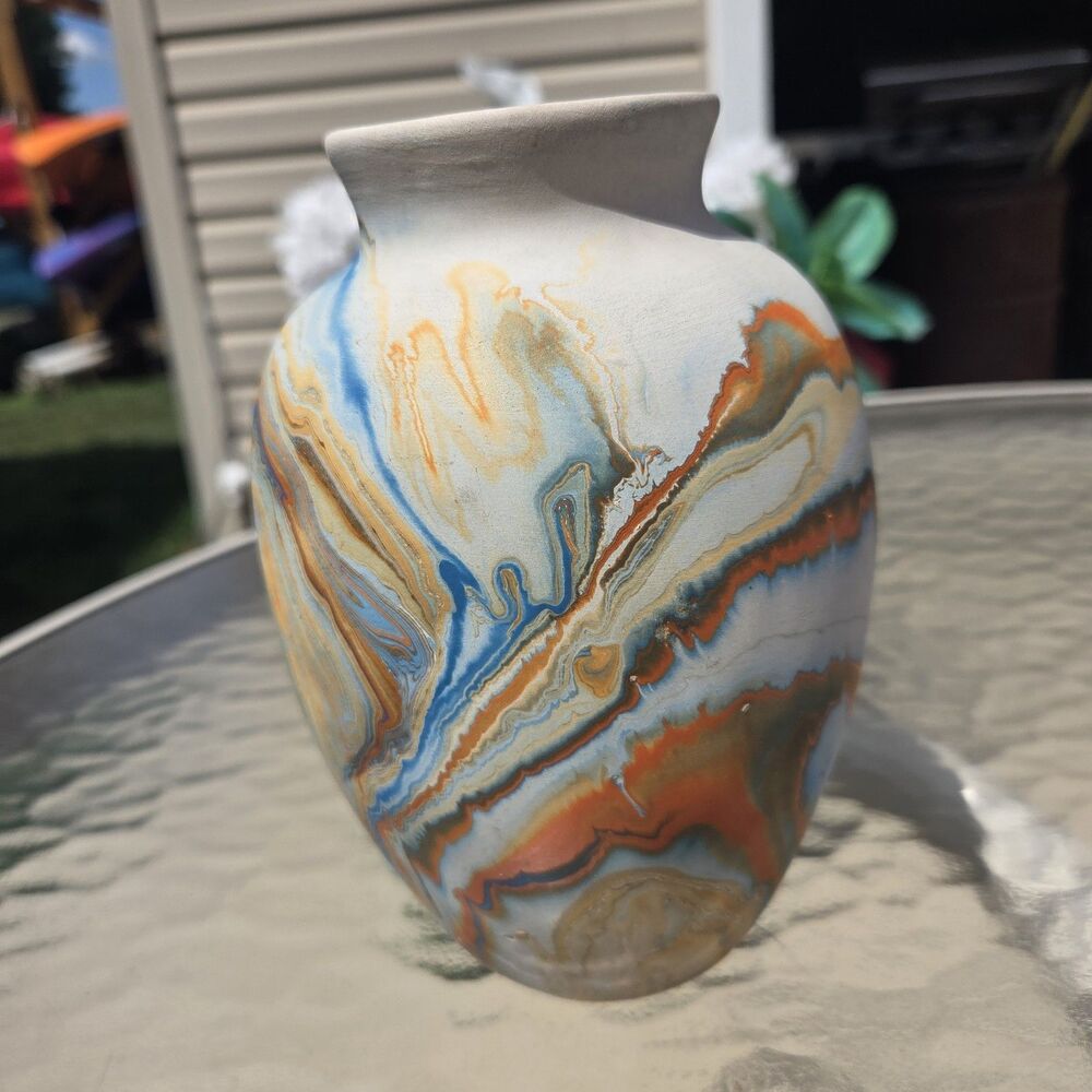 VTG Nemadji Pottery Vase Clay Swirl Marbled Blue Orange USA Stamp